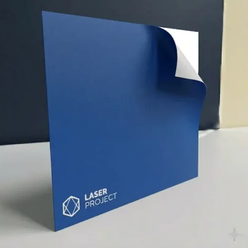 lámina de plástico bicapa adhesivo azul con grabado blanco