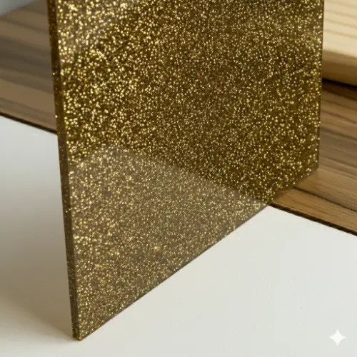 Metacrilato glitter de color dorado con acabado brillante