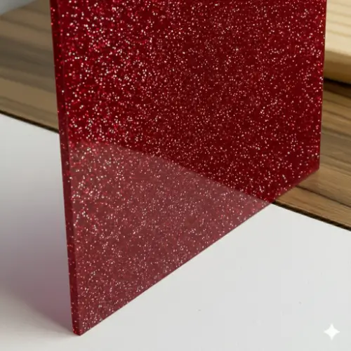 Metacrilato glitter de color rojo con acabado brillante