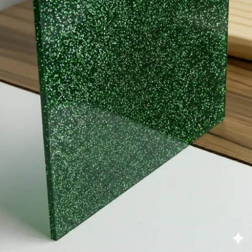 Metacrilato glitter de color verde con acabado brillante