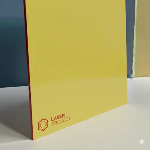 Plástico bicapa amarillo y grabado rojo